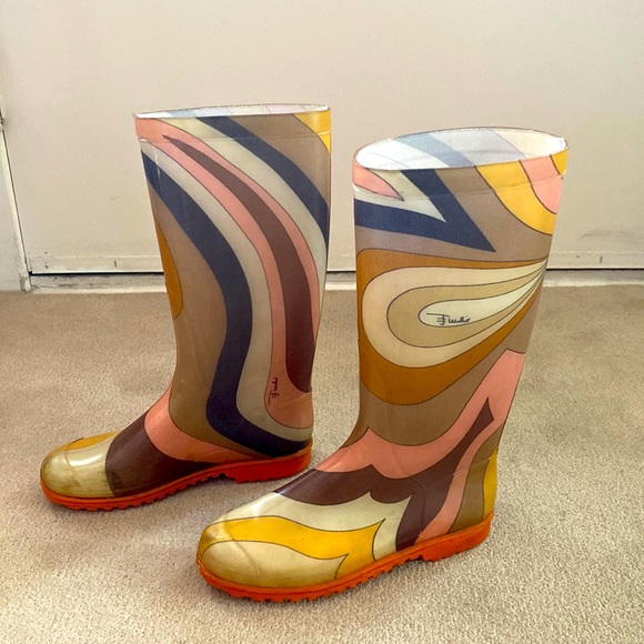 Emilio Pucci Shoes - Pucci rain boots pink yellow orange brown swirl well-loved size 37